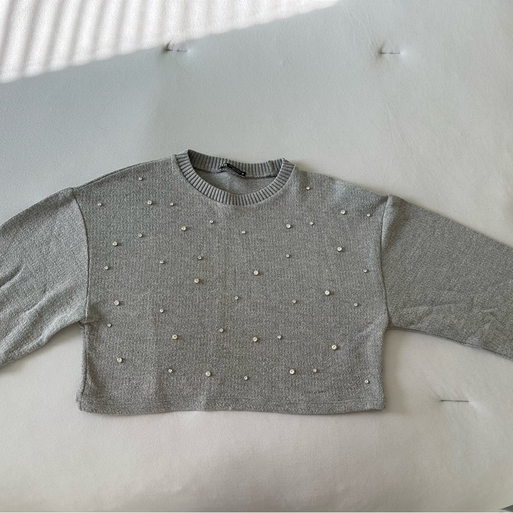 Gray Cropped Sweater with Diamond Accents